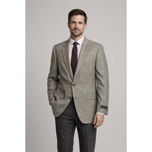Jos A Bank Executive Collection Gray Houndstooth‎ 100% Silk Blazer 44L